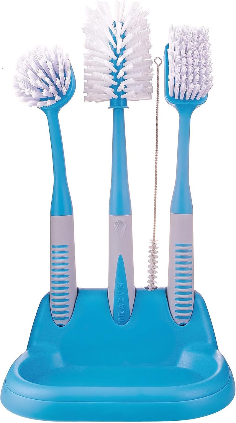 Trazon Dish Brush Set of 5 with Convenient Holder, Bottle Water Brush, Dish Scrub Brush, Scrubber Brush and Straw Brush - Kitchen Scrub Brushes Non Slip Long Handle for Sink Dishes Cup Pot - Image 1